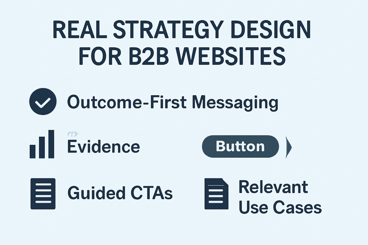 A minimalist infographic displaying four key principles for B2B website strategy: 'Outcome-First Messaging' with a checkmark, 'Evidence' with a bar chart, 'Guided CTAs' with a button and arrow, and 'Relevant Use Cases' with a document icon. The sections are in dark gray on a light gray background.