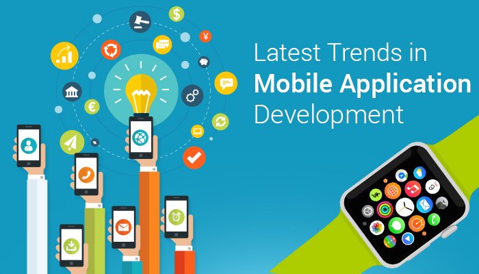 Colorful illustration of multiple smartphones and a smartwatch showcasing modern mobile app development trends, including smart features, cloud integration, and user-centric design.