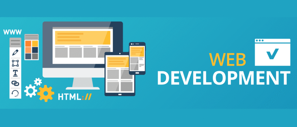 An illustration showing web development tools with a computer, tablet, and mobile phone displaying a webpage design, alongside web development icons.