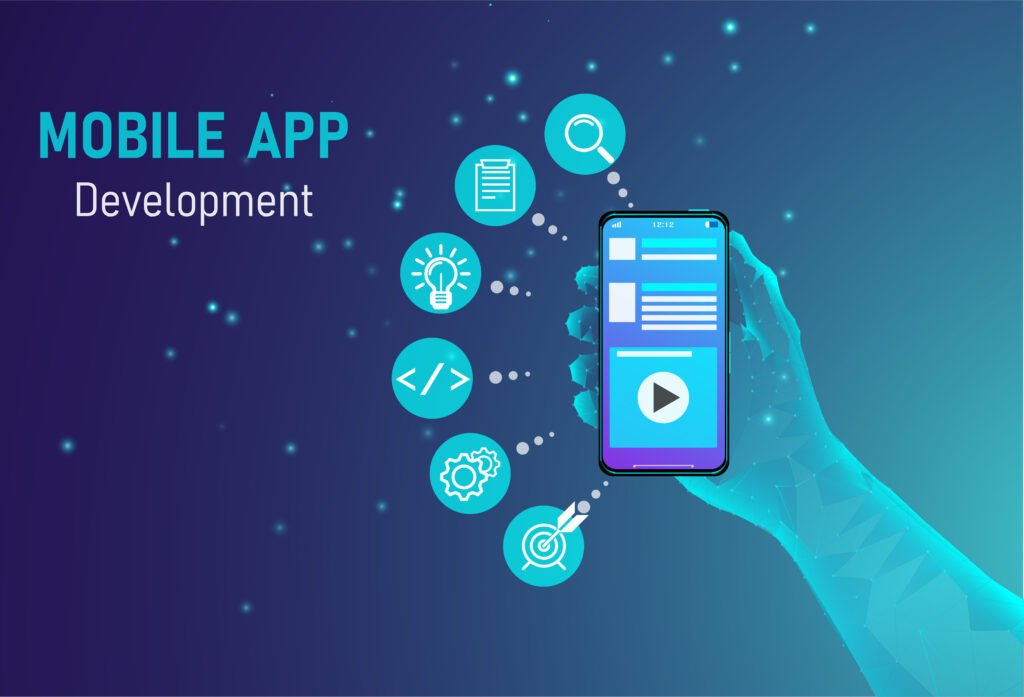 Illustration of mobile app development solutions featuring a smartphone interface and icons for coding, UX design, performance, and innovation in modern app development.